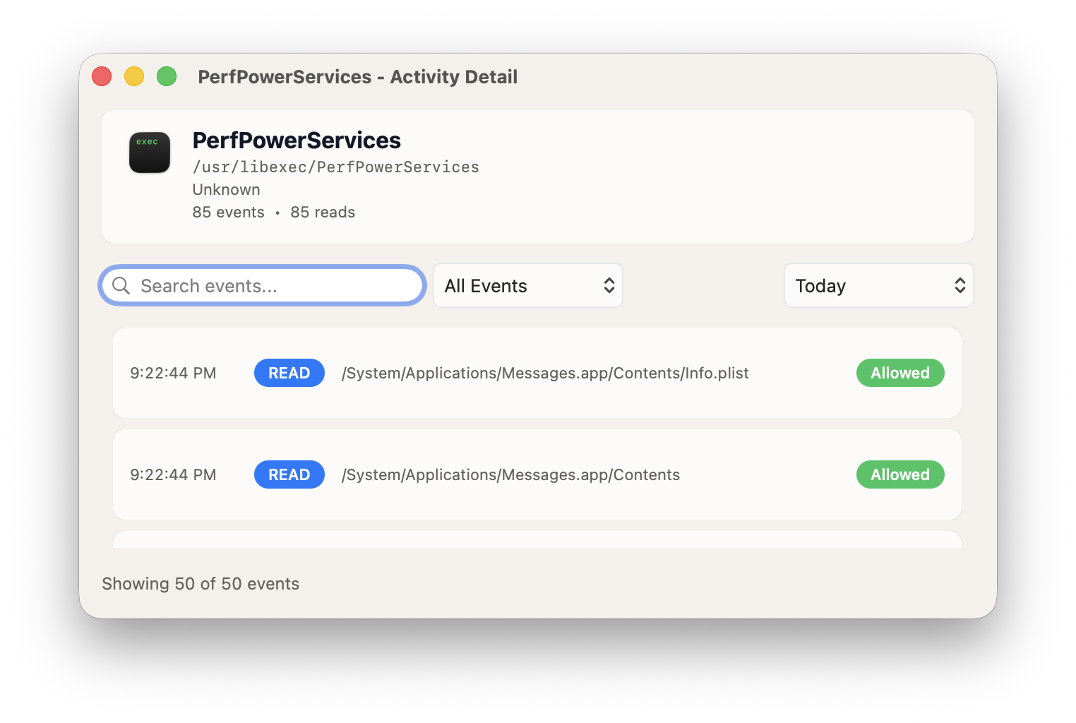 Vedette activity detail showing per-process file access forensics on macOS