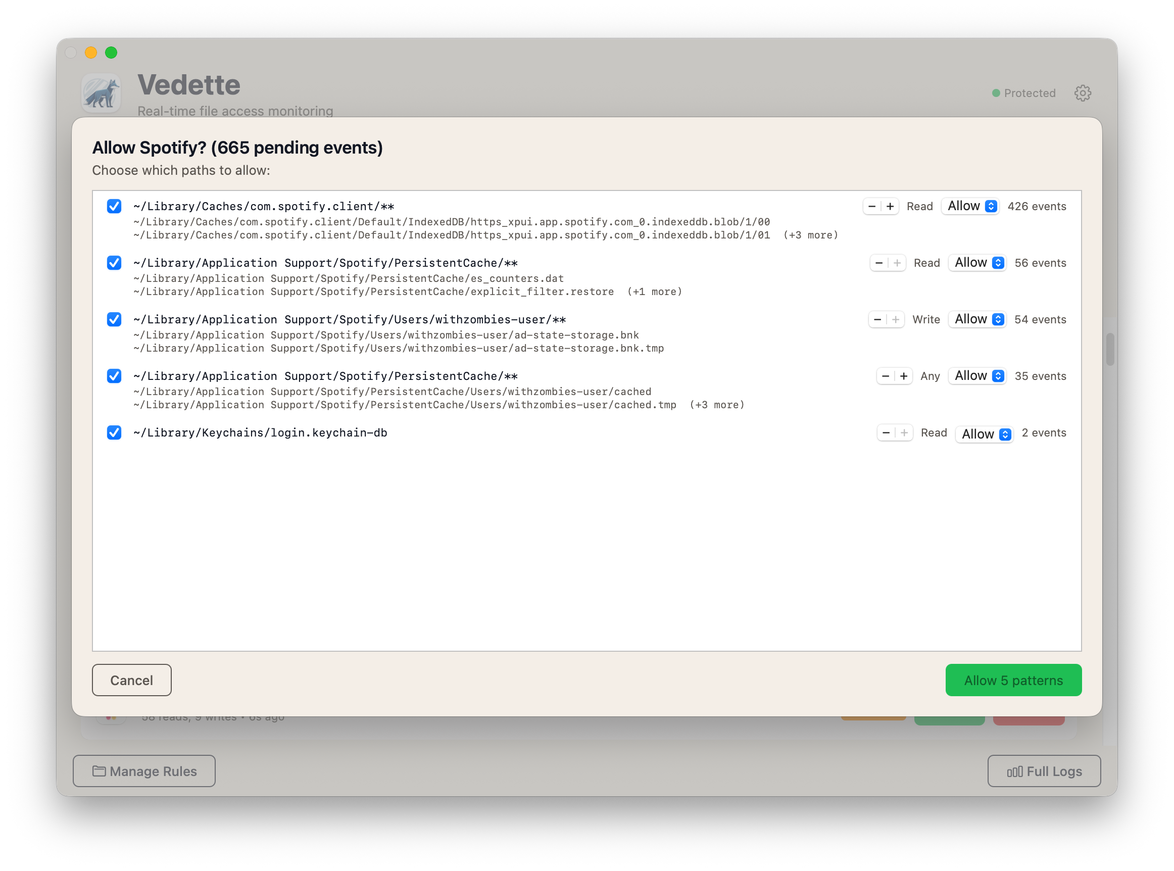 Vedette macOS file access review dialog for approving or blocking a newly observed access pattern