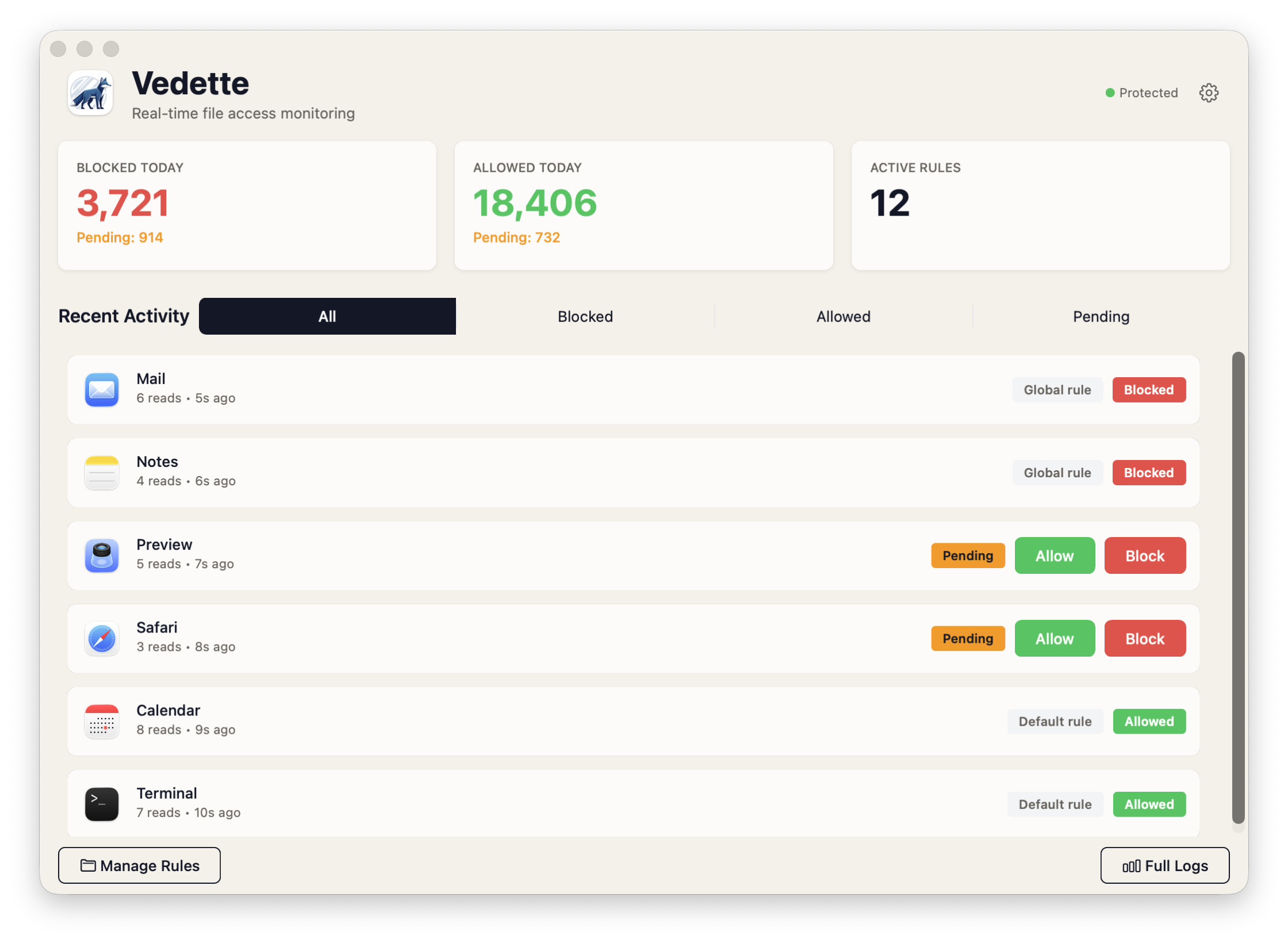 Vedette macOS security dashboard showing real-time file access monitoring and active protection rules