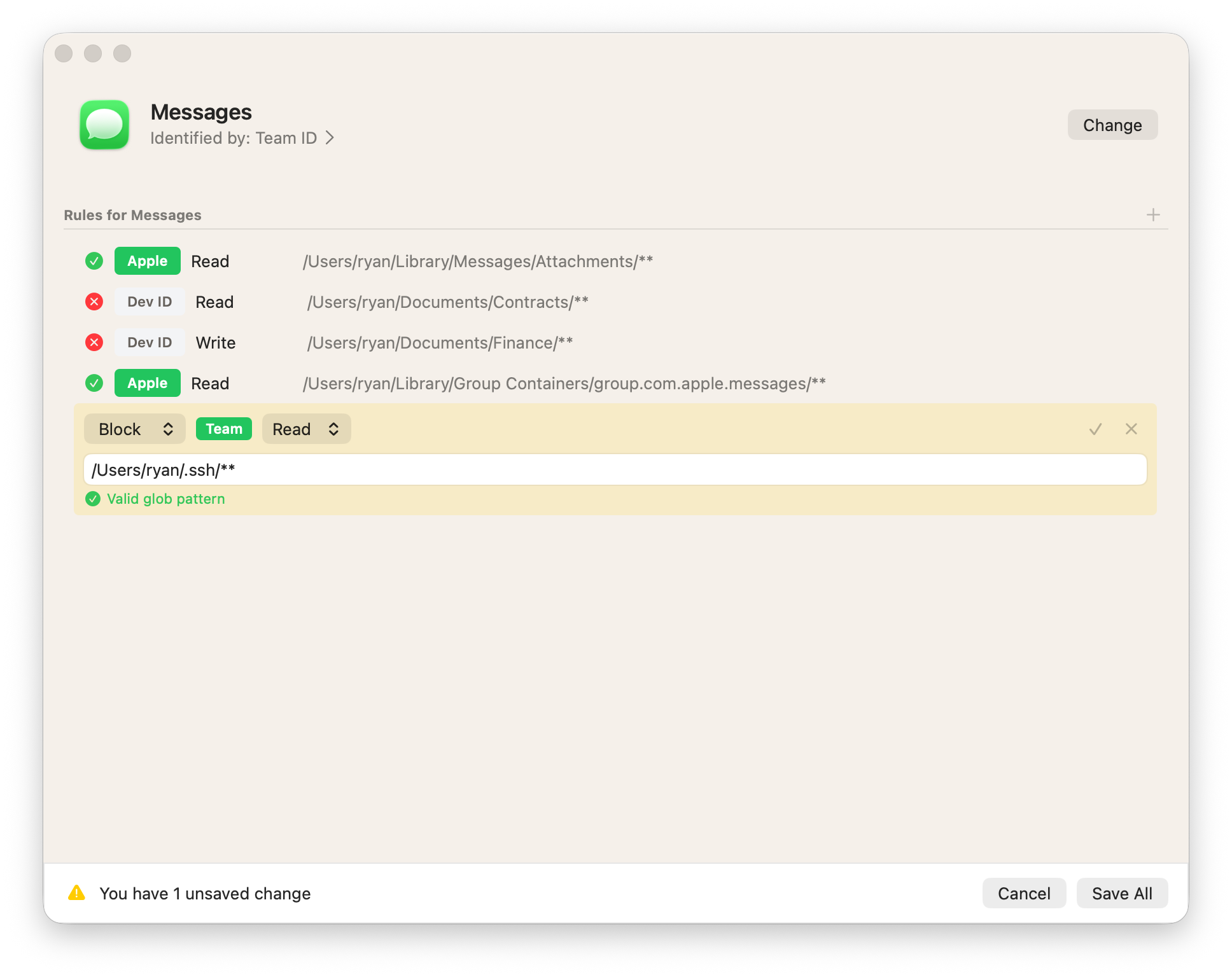 Vedette endpoint security rule editor for creating app-specific file access policies on macOS